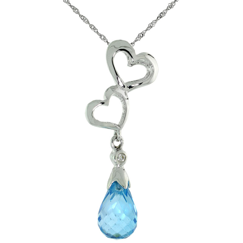 10k White Gold Double Heart Cut Out & Blue Topaz Pendant, w/ Brilliant Cut Diamond, 1 3/16 in. (30mm) tall, w/ 18" Sterling Silver Singapore Chain