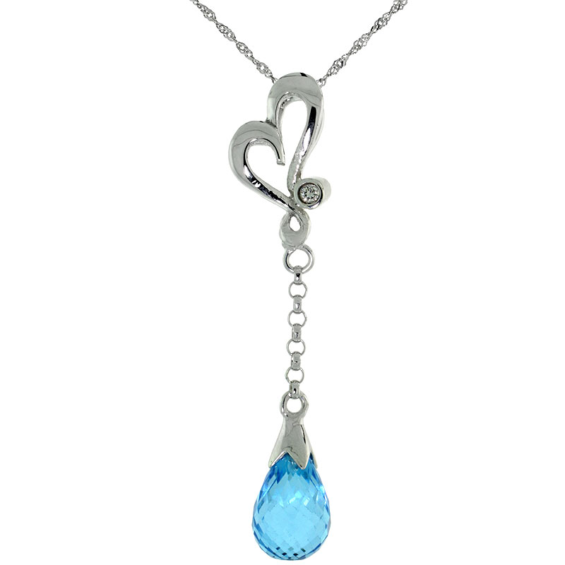 10k White Gold Heart Cut Out & Blue Topaz Pendant, w/ 0.01 Carat Brilliant Cut Diamond, 1 3/8 in. (35mm) tall, w/ 18" Sterling Silver Singapore Chain