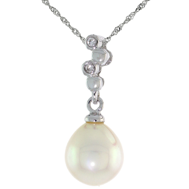 10k White Gold Bubbles & Pearl Pendant, w/ 0.02 Carat Brilliant Cut Diamonds, 13/16 in. (21mm) tall, w/ 18" Sterling Silver Singapore Chain