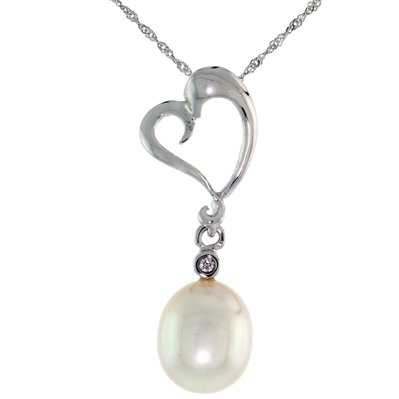 10k White Gold Heart Cut Out & Pearl Pendant, w/ Brilliant Cut Diamond, 1 in. (26mm) tall, w/ 18" Sterling Silver Singapore Chain