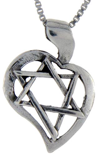 Sterling Silver Star of David in Heart Pendant, 1 1/8 inch tall