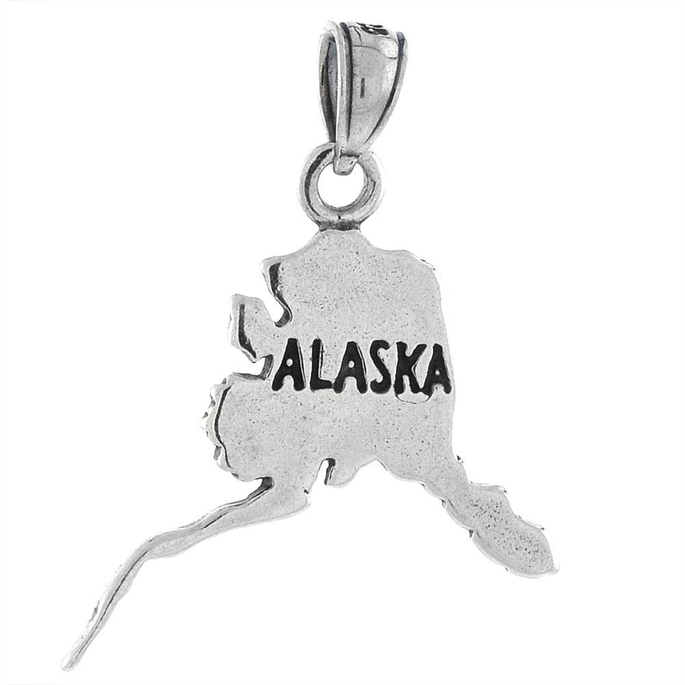 Sterling Silver Alaska State Map Pendant, 1 1/4 inch tall 