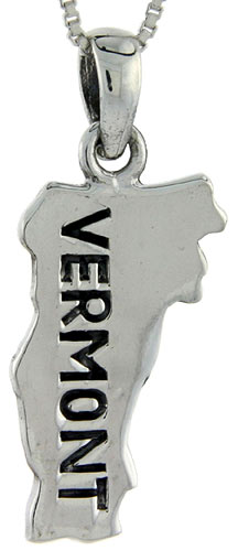 Sterling Silver Vermont State Map Pendant, 1 1/4 inch tall 