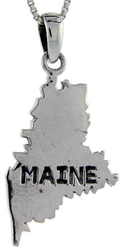 Sterling Silver Maine State Map Pendant, 1 1/2 inch tall 