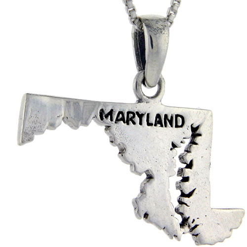 Sterling Silver Maryland State Map Pendant, 1 inch tall 