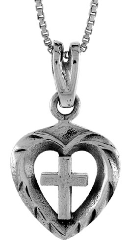 Sterling Silver Cross in Heart Pendant, 5/8 inch 