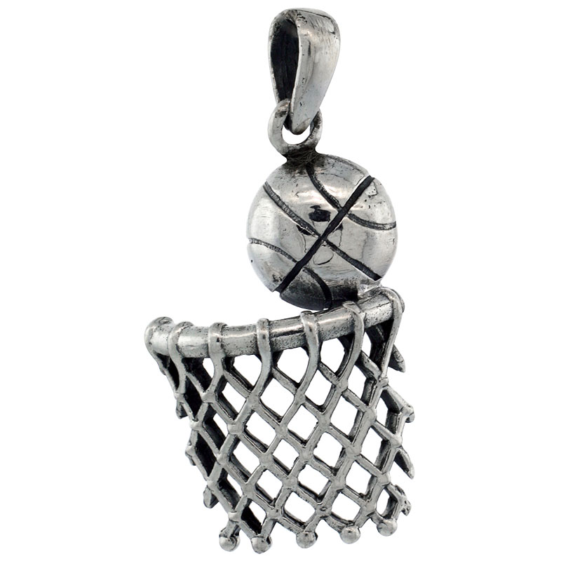 Sterling Silver Basketball & basket Pendant, 1 1/8 inch tall