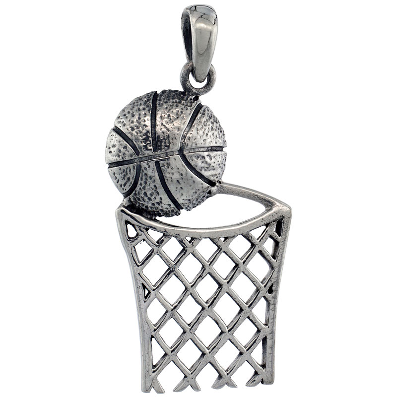 Sterling Silver Basketball & basket Pendant, 1 3/8 inch tall