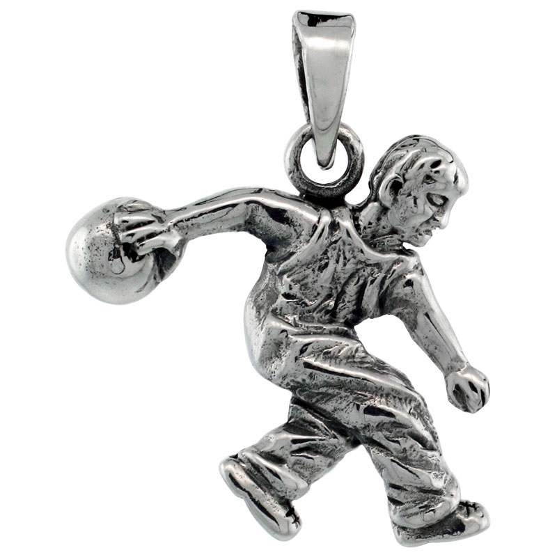 Sterling Silver Bowler on Bowling Action Pendant, 3/4 inch tall