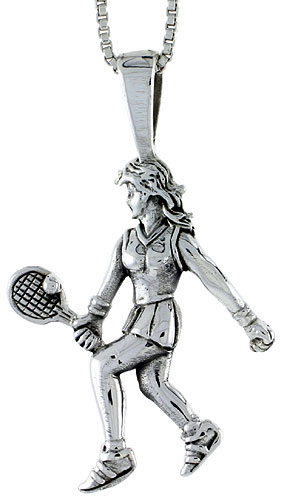 Sterling Silver Woman Tennis Player Pendant, 1 1/8 tall