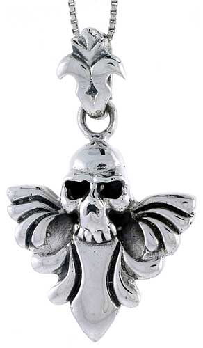 Sterling Silver Skull & Wings Pendant, 1 5/8 inch tall