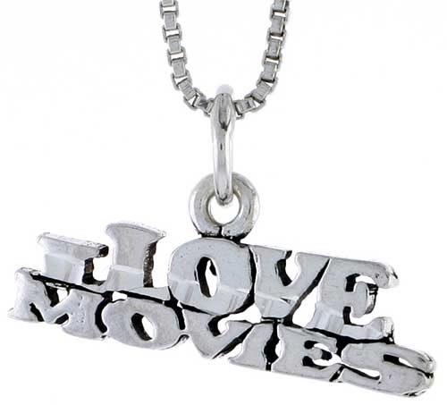 Sterling Silver I Love Movies Word Pendant, 7/8 inch wide