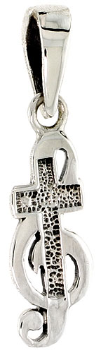 Sterling Silver Crucifix over G-Clef Charm, 3/4 inch tall