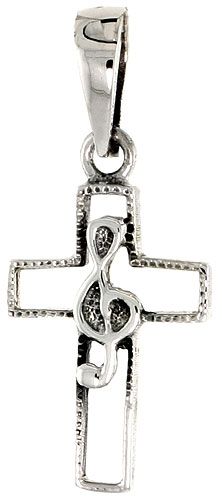 Sterling Silver G-Clef over a Crucifix Charm, 3/4 inch tall