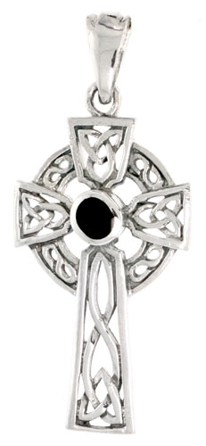 Sterling Silver Celtic Cross w/ Jet Stone Charm, 1 1/2 inch 