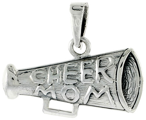 Sterling Silver Cheer Mom on Megaphone Word Charm, 3/8 inch tall