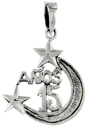Sterling Silver Quinceanera 15 Anos Crescent Moon & Stars Word Charm, 1 1/16 inch tall