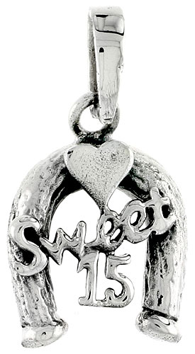 Sterling Silver Quinceanera Sweet 15 Horseshoe Word Charm, 3/4 inch wide