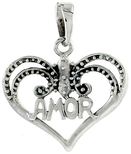 Sterling Silver AMOR Heart Cut-out Charm, 1 inch wide