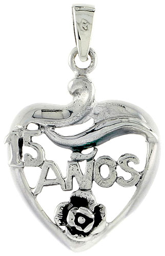 Sterling Silver Quinceanera 15 Anos Heart Cut-out w/ Rose Charm, 1 inch wide