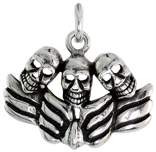 Sterling Silver Winged Skulls Charm, 3/4 inch tall 