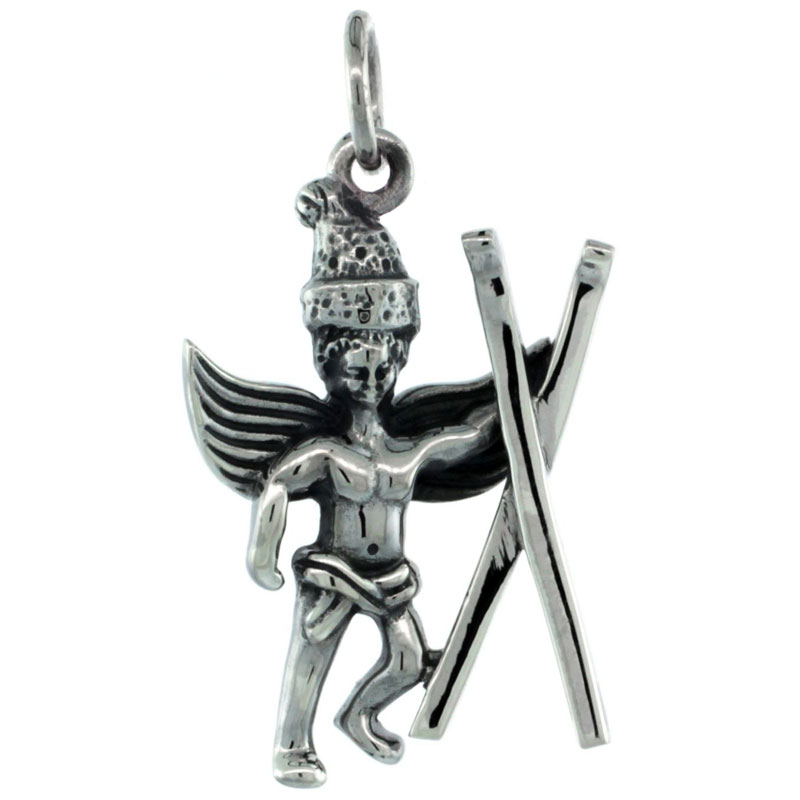 Sterling Silver Guardian Angel Cave Man Pendant Antique Finish, 15/16 inch