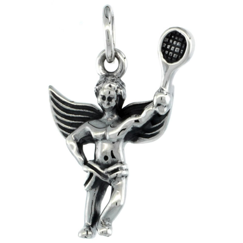 Sterling Silver Guardian Angel Tennis Player Pendant Antique Finish, 7/8 inch