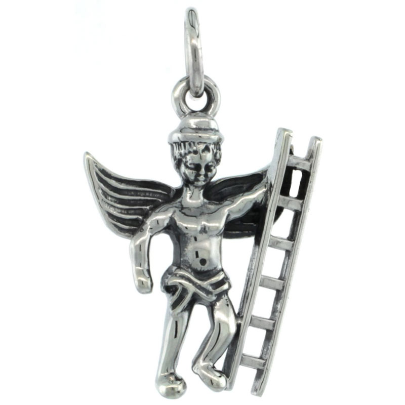 Sterling Silver Guardian Angel Fireman Pendant Antique Finish, 13/16 inch