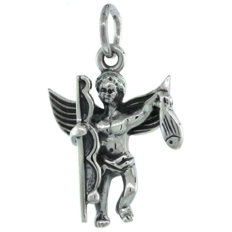 Sterling Silver Guardian Angel Fisherman Pendant Antique Finish, 13/16 inch