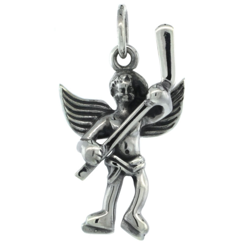 Sterling Silver Guardian Angel Hockey Player Pendant Antique Finish, 15/16 inch