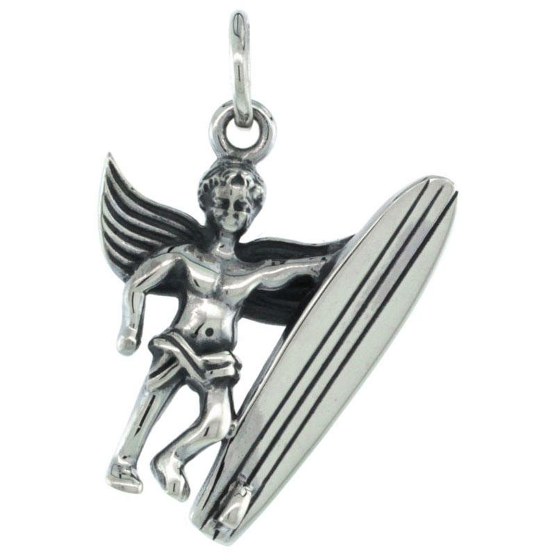 Sterling Silver Guardian Angel Surfer Pendant Antique Finish, 7/8 inch