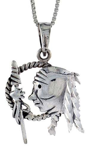 Sterling Silver Indian's Head Pendant, 7/8 inch tall