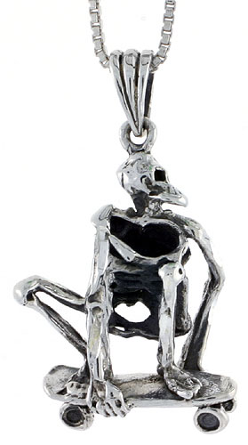 Sterling Silver Skateboarded Skeleton Pendant, 1 inch tall