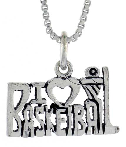 Sterling Silver I Love Basketball Word Pendant, 3/4 inch wide 