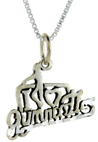 Sterling Silver I Love Gymnastics Word Pendant, 1 inch wide 