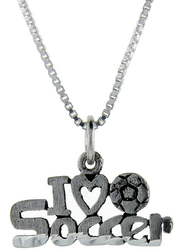 Sterling Silver I Love Soccer 1 inch wide Word Pendant.