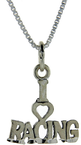 Sterling Silver I Love Racing 1 inch wide Word Pendant.