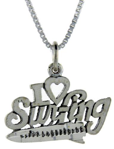 Sterling Silver I Love Surfing 1 inch wide Word Pendant.