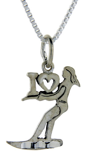 Sterling Silver I Love Surfing 1 inch wide Word Pendant.