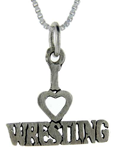 Sterling Silver I Love Wrestling 1 inch wide Word Pendant.