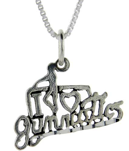Sterling Silver I Love Gymnastics 1 inch wide Word Pendant.