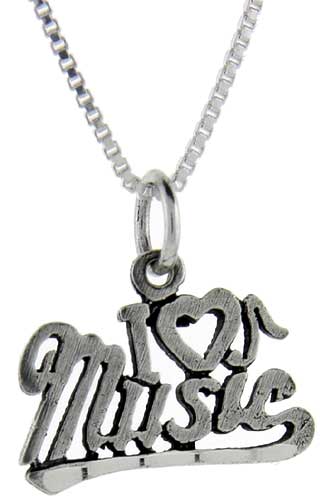 Sterling Silver I Love Music 1 inch wide Word Pendant.