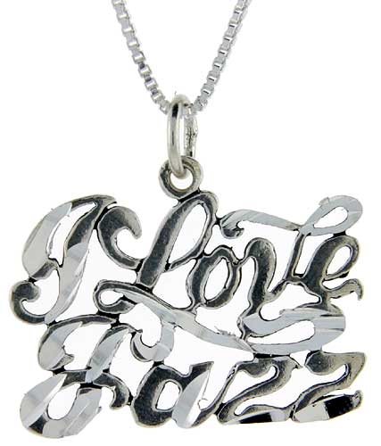 Sterling Silver I Love Jazz Word Pendant, 1 inch wide 
