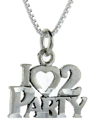 Sterling Silver I Love 2 Party Word Pendant, 1 inch wide 
