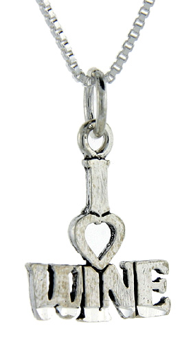 Sterling Silver I Love Wine Word Pendant, 1 inch wide 
