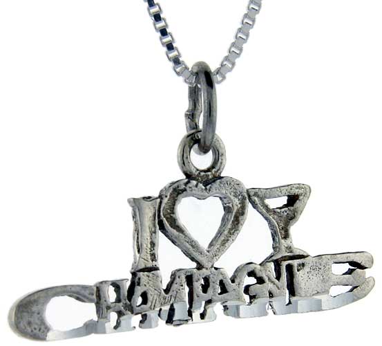 Sterling Silver I Love Champagne Word Pendant, 1 inch wide 