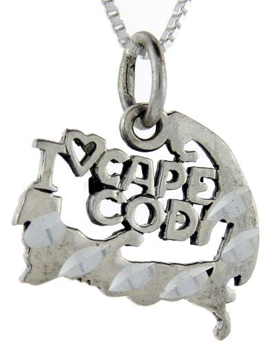 Sterling Silver I Love Cape Cod Word Pendant, 1 inch wide 