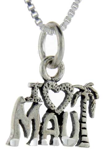 Sterling Silver I Love Maui Word Pendant, 1 inch wide 
