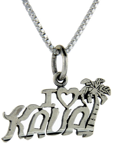 Sterling Silver I Love Kauai Word Pendant, 1 inch wide 