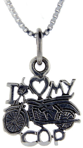 Sterling Silver I Love My Motorcycle Cop Word Pendant, 1 inch wide 